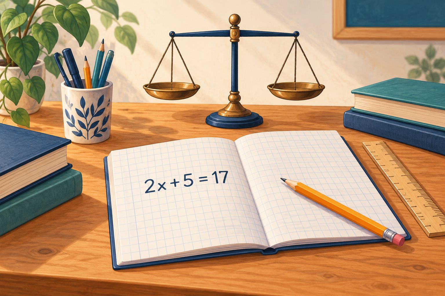 Ilustracja zeszytu z równaniem 2x + 5 = 17 oraz wagi symbolizującej równość obu stron
